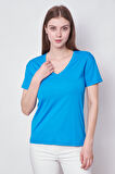 Kadın V Yaka Kısa Kol Likralı Span Kumaş Şık T-shirt Bluz-Mavi 