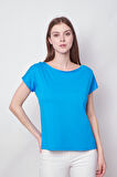 Kadın Kayık Yaka Düşük Omuzlu Kırışmaz Span Karışımlı Şık T-shirt Bluz-Mavi 