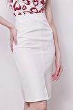 Kadın Yüksek Bel Önden Yırtmaçlı Hafif Likralı Şık Kumaş Diz Altı Ofis Kalem Etek-Krem 