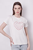 Baskılı Sıfır Yaka Kırışmaz Span Karışımlı Şık Kısa Kol T-shirt Bluz-Kalp Baskılı