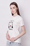 Baskılı Sıfır Yaka Kırışmaz Span Karışımlı Şık Kısa Kol T-shirt Bluz-Kız Baskılı