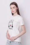Baskılı Sıfır Yaka Kırışmaz Span Karışımlı Şık Kısa Kol T-shirt Bluz-Kız Baskılı