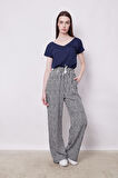 Baharlık Kumaş Desenli Vual Bol Kesim Pantolon-Lacivert Çizgi