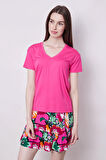 Kadın V Yaka Kısa Kol Likralı Span Kumaş Şık T-shirt Bluz-Fujya 