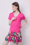 Kadın V Yaka Kısa Kol Likralı Span Kumaş Şık T-shirt Bluz-Fujya 