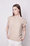 Şık Likralı Span Kumaş Kolsuz Geniş Sıfır Yaka Düşük Omuzlu Basic Tshirt Bluz-Koyu Bej