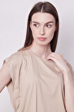Şık Likralı Span Kumaş Kolsuz Geniş Sıfır Yaka Düşük Omuzlu Basic Tshirt Bluz-Koyu Bej