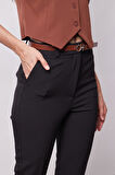 Kadın Yüksek Bel Yan Cepli Bilek Boy Kemerli Hafif Likralı Kumaş Pantolon(Kemer dahil)-Siyah
