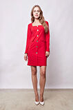 Kadın Likralı Krep Kumaş Kare Yaka Uzun Kol Önü Düğmeli Ofis Ceket Elbise-Kırmızı
