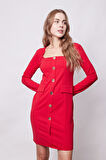 Kadın Likralı Krep Kumaş Kare Yaka Uzun Kol Önü Düğmeli Ofis Ceket Elbise-Kırmızı