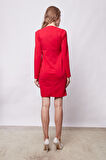 Kadın Likralı Krep Kumaş Kare Yaka Uzun Kol Önü Düğmeli Ofis Ceket Elbise-Kırmızı