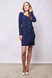 Kadın Likralı Krep Kumaş Kare Yaka Uzun Kol Önü Düğmeli Ofis Ceket Elbise-Lacivert
