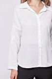 Likrasız Şık Kumaş Yakalı Sırt Dekolteli Uzun Kol Apoletli Gömlek-Krem