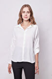 Likrasız Şık Kumaş Yakalı Sırt Dekolteli Uzun Kol Apoletli Gömlek-Krem
