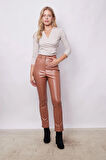 Kadın Violet Hafif Likralı Deri Yüksek Bel Alman Cepli Bilek Boy Pantolon-Camel