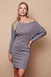Kadın Kayık Yaka Uzun Kol Diz Boy Esnek Triko Elbise-Gri