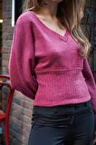 Kadın Yumuşak Dokulu Tiftik V Yaka Yarasa Uzun Kol Triko Kazak Bluz-Vişne
