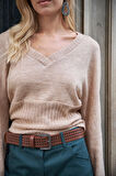 Kadın Yumuşak Dokulu Tiftik V Yaka Yarasa Uzun Kol Triko Kazak Bluz-Bej 
