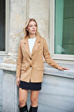 Kadın Hafif Likralı Kışlık Suni Süet Kumaş Düğmeli Uzun Kol Blazer Oversize Ceket-Açık Camel