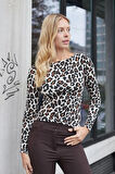 Kadın Likralı Kaşkorse Kayık Yaka Uzun Kol Body Bluz-Bej Leopar