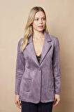 Kadın Hafif Likralı Süet Kumaş Cep Detaylı Düğmeli Şık Blazer Hafif Uzun Ceket-Gri