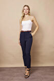 Kadın Yüksek Bel Yan Cepli Bilek Boy Kemerli Hafif Likralı Kumaş Pantolon(Kemer dahil)-Lacivert