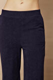 Kadın Kadife Likralı Esnek Yumuşak Dokulu Yüksek Bel Yan Cepli Bol Paça Palazzo Pantolon-Lacivert