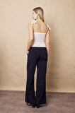 Kadın Kadife Likralı Esnek Yumuşak Dokulu Yüksek Bel Yan Cepli Bol Paça Palazzo Pantolon-Lacivert