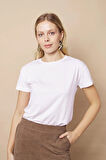 Kadın Sıfır Yaka Kırışmaz Span Karışımlı Şık Kısa Kol Likralı T-shirt Bluz-Beyaz