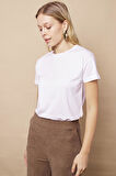 Kadın Sıfır Yaka Kırışmaz Span Karışımlı Şık Kısa Kol Likralı T-shirt Bluz-Beyaz