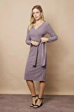 Kadın Kadife Kumaş Kruvaze Anvelop Bağcıklı Uzun Kol Diz Altı Elbise-Gri