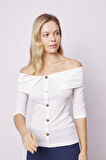 Kadın Metal Düğme Detaylı Kısa Kol Likralı Şık Body Bluz-Krem