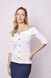 Kadın Metal Düğme Detaylı Kısa Kol Likralı Şık Body Bluz-Krem