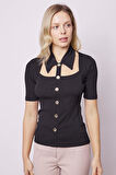 Kadın Metal Düğme Detaylı Yakalı Kısa Kol Likralı Şık Body Bluz-Siyah