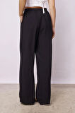 Kadın Keten Görünümlü Beli Lastikli Bol Paça Rahat Kesim Cepli Palazzo Pantolon-Siyah