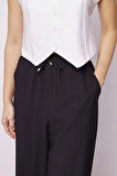 Kadın Keten Görünümlü Beli Lastikli Bol Paça Rahat Kesim Cepli Palazzo Pantolon-Siyah
