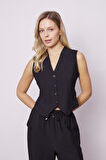 Kadın Likrasız Keten Görünümlü  Arkası D Tokalı Kısa Hafif Rahat Kesim Yelek-Siyah