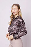 Kadın Desenli Likrasız Kumaş Yakalı Düşük Omuzlu Uzun Kol Gömlek-Leopar