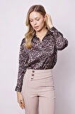 Kadın Desenli Likrasız Kumaş Yakalı Düşük Omuzlu Uzun Kol Gömlek-Leopar