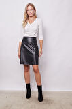 Kadın Hafif Likralı Deri Yüksek Bel Diz Boy Çan Etek-Siyah
