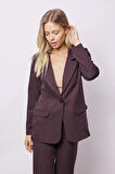 Kadın Yakalı Cep Kapaklı Uzun Kol Hafif Likralı Kumaş Oversize Blazer Ceket(Pantolonu Jument 40075)-Kahve