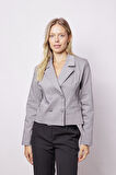 Kadın Yakalı Flato Cepli Uzun Kol Kruvaze Anvelop Hafif Likralı Kumaş Blazer Ceket-Gri