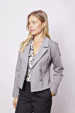 Kadın Yakalı Flato Cepli Uzun Kol Kruvaze Anvelop Hafif Likralı Kumaş Blazer Ceket-Gri