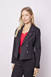 Kadın Yakalı Flato Cepli Uzun Kol Kruvaze Anvelop Hafif Likralı Kumaş Blazer Ceket-Siyah
