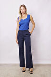 Kadın Yüksek Bel Pileli Yan Cepli Rahat Kesim Palazzo Pantolon-Lacivert