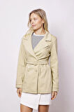 Kadın Kruvaze Anvelop Kemerli Hafif Likralı Kumaş Trençkot Ceket-Koyu Bej