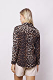 Kadın Likrasız Viskon Vual Desenli Yakalı Düşük Omuzlu Uzun Kol Şık Gömlek-Leopar