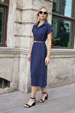 Kadın Twill Modal Yakalı Düşük Omuzlu Duble Kol  Midi Boy Diz Altı Elbise(Deri Kemer Dahil)-Lacivert