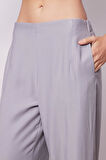 Kadın İpeksi Dokulu Modal Yüksek Bel Yan Cepli Arkası Lastikli Bol Paça Salaş Palazzo Pantolon-Gri