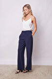 Kadın İpeksi Dokulu Modal Yüksek Bel Yan Cepli Arkası Lastikli Bol Paça Salaş Palazzo Pantolon-Lacivert
